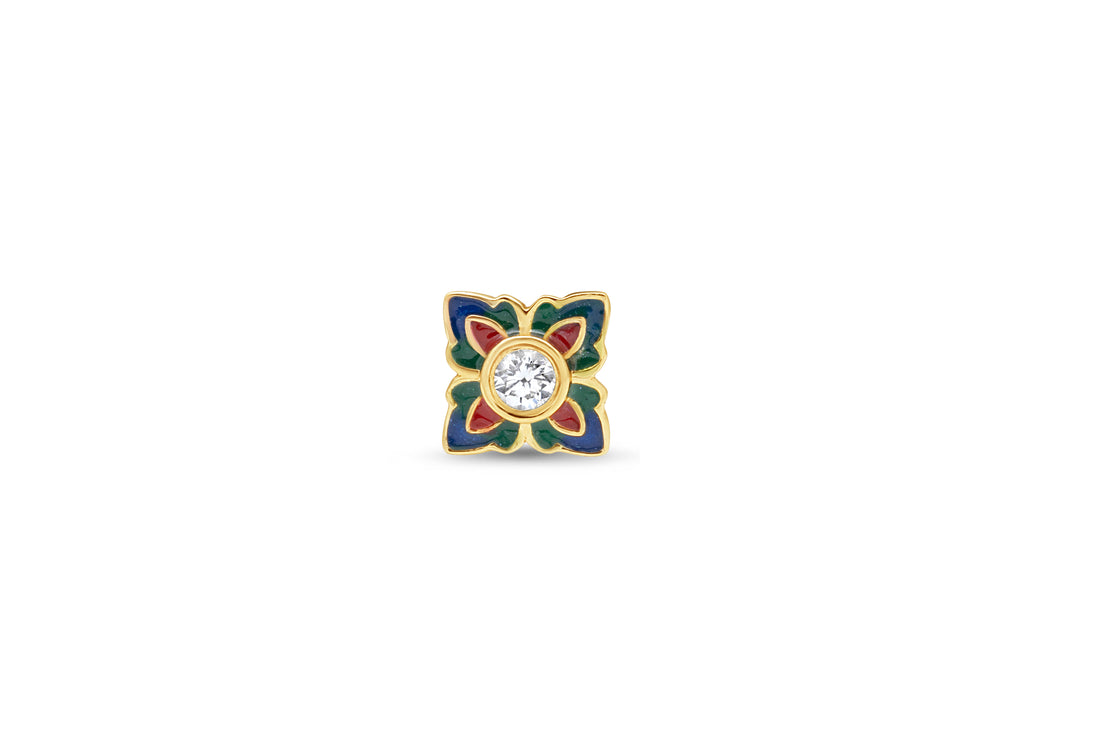 Multicolor Enamel Flower Diamond Gold Nose Pin (Nath / Stud)