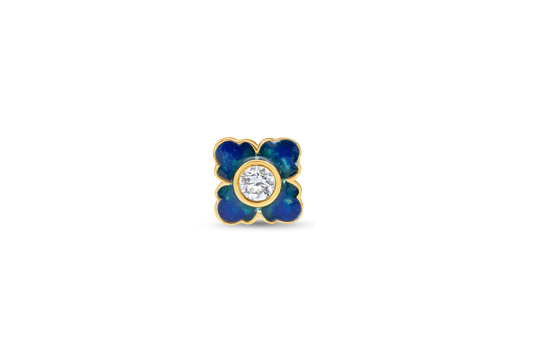Blue Enamel Flower Diamond Gold Nose Pin (Nath / Stud)