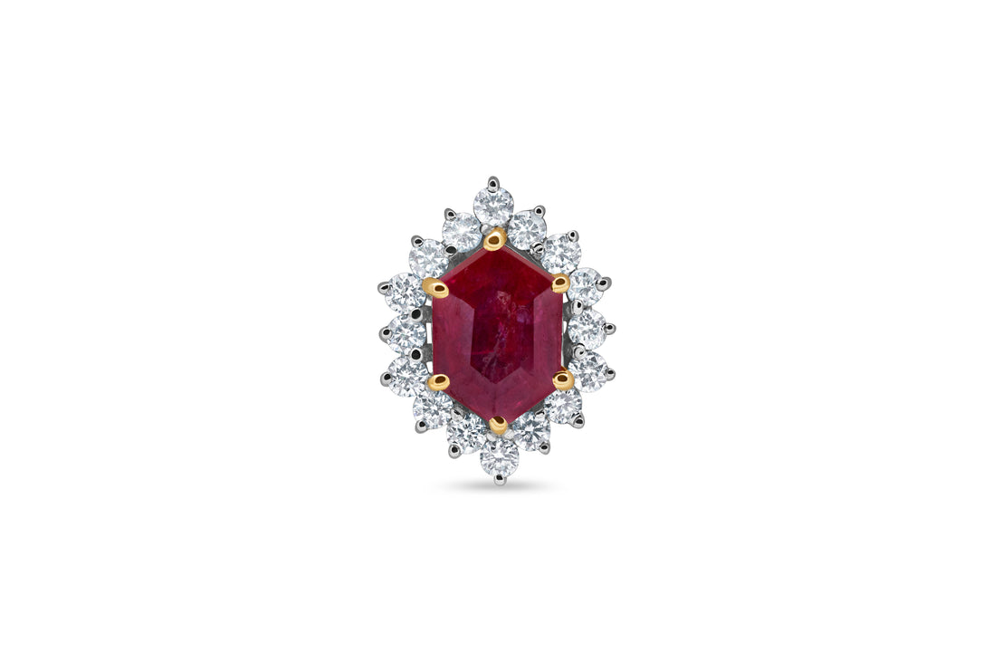 Hexagon Ruby & Diamond Halo Gold Stud Earring / Piercing Stud