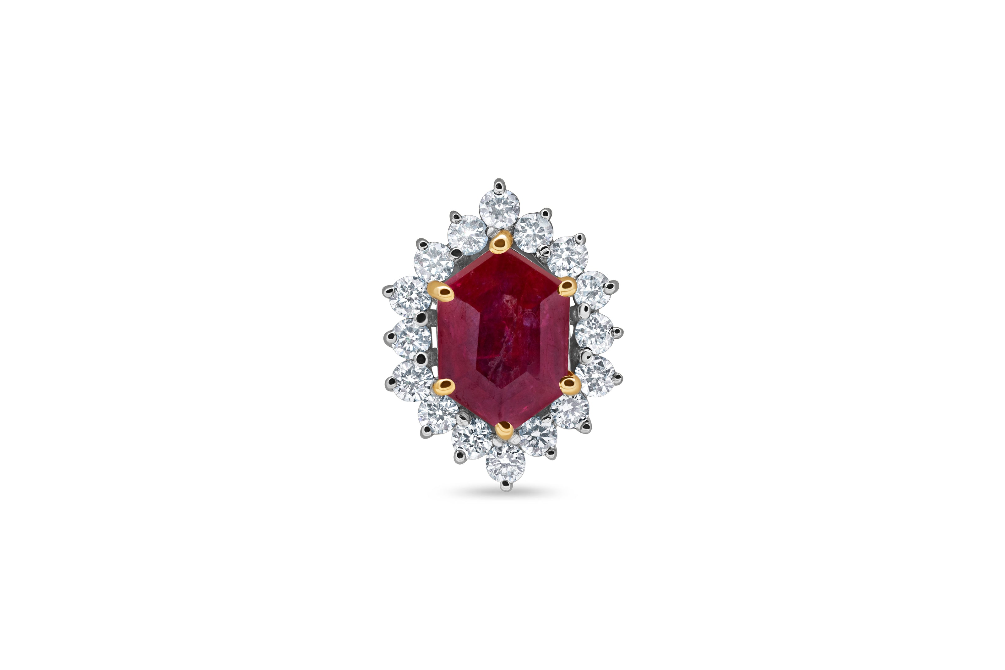 Hexagon Ruby & Diamond Halo Gold Stud Earring / Piercing Stud