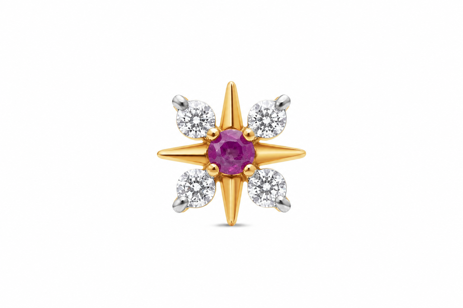 Ruby & Diamond Starburst Floral Gold Nose Pin (Nath / Stud)