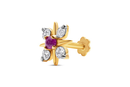 Floral Diamond & Ruby Nose Pin in 18K Gold