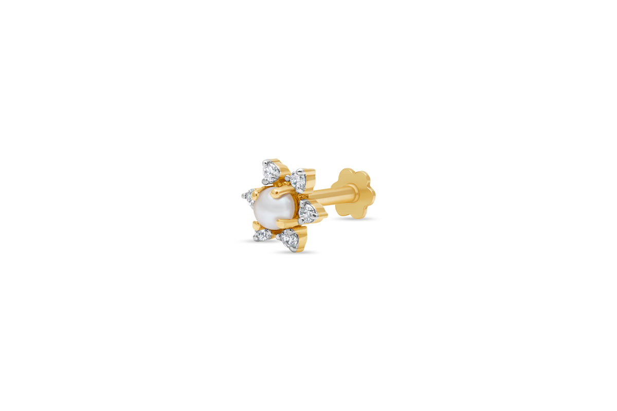 Pearl & Diamond Snowflake Floral Gold Nose Pin (Nath / Stud)