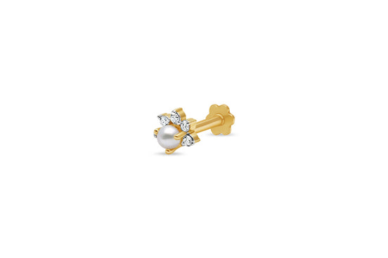 Pearl & Diamond Crown Motif Gold Nose Pin (Nath / Stud)