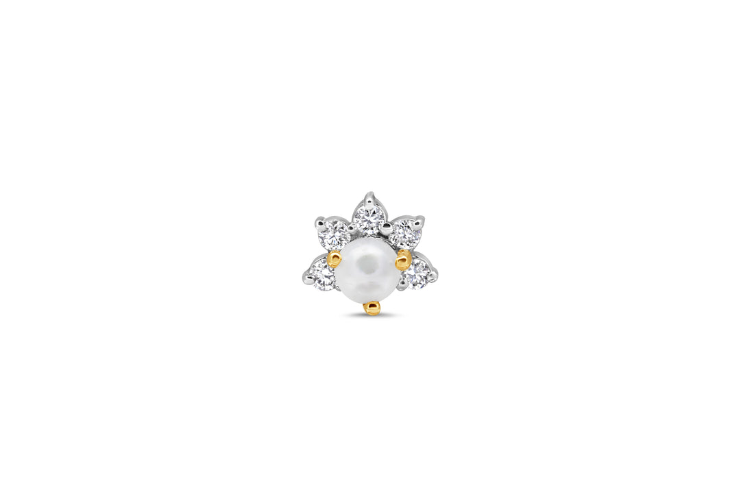 Pearl & Diamond Crown Motif Gold Nose Pin (Nath / Stud)