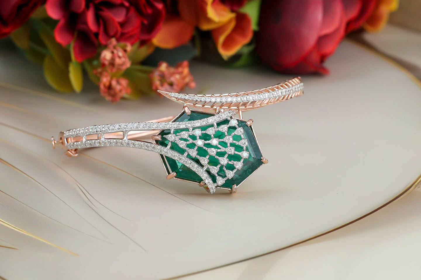 Regal Geometric Emerald & Diamond Statement Cuff Bracelet